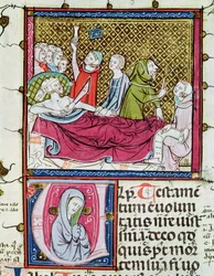 Ms 3076 fol.56r Sterbender Mann umgeben von Ärzten und Familie, diktiert sein Testament, aus 